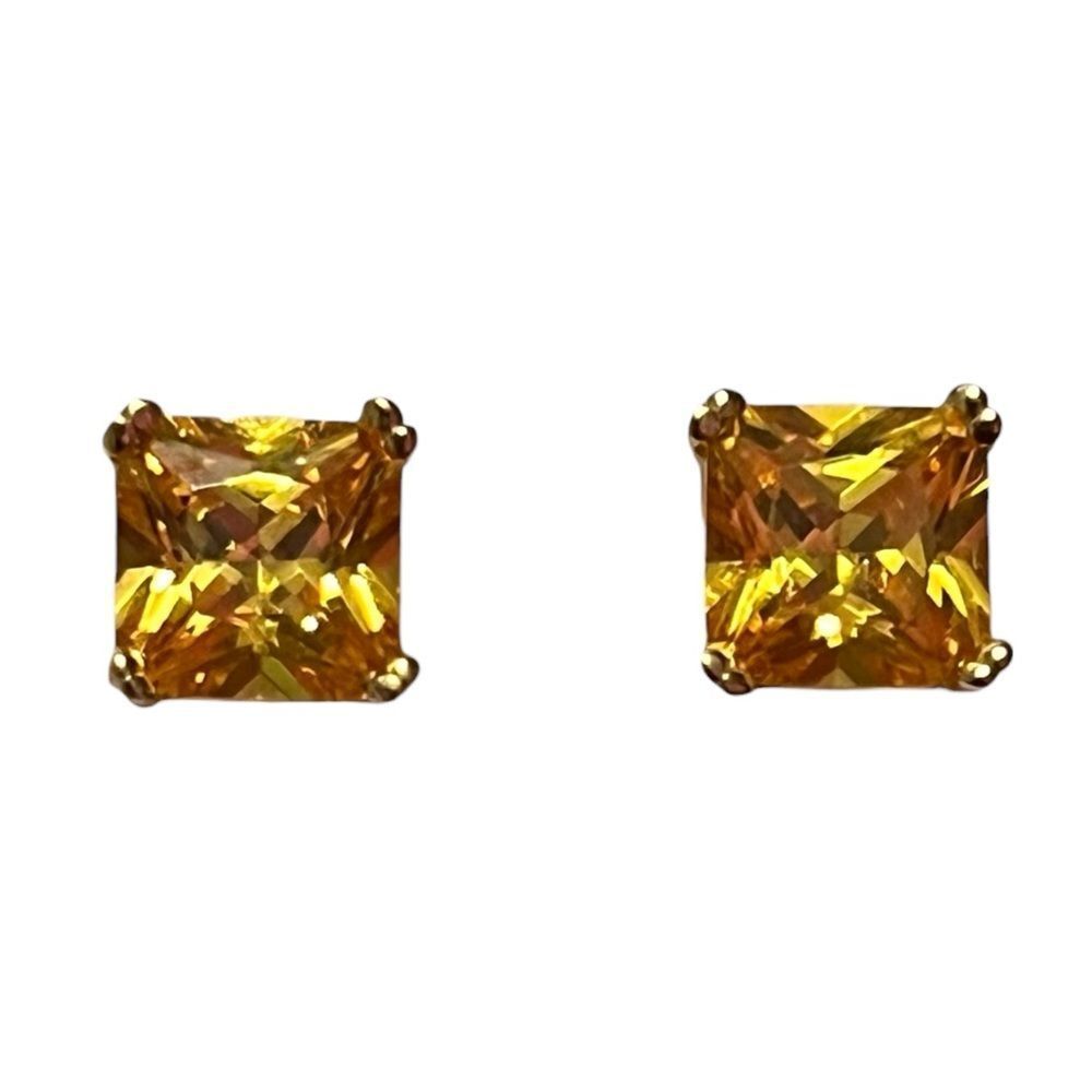 Elegant 7MM Princess Cut Citrine Cubic Zirconia Gold Over Sterling Stud Earrings